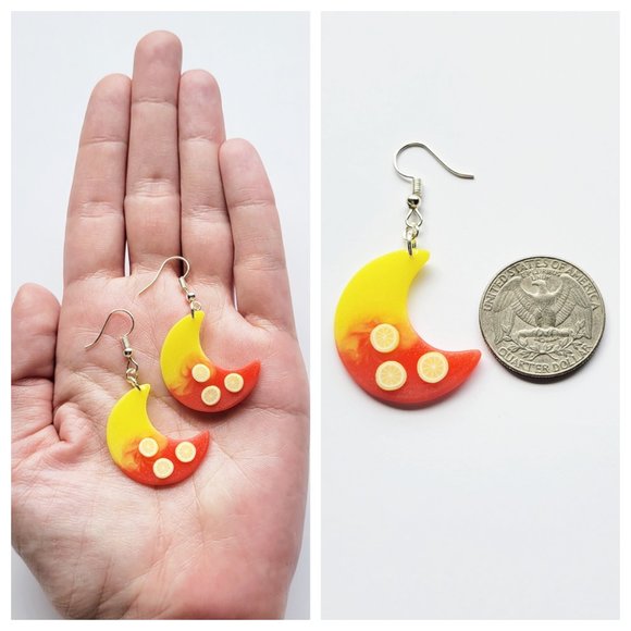 Strawberry Lemonade Earrings Yellow and Pinkish Red Moon Lemon Dangle Earrings - Picture 7 of 10